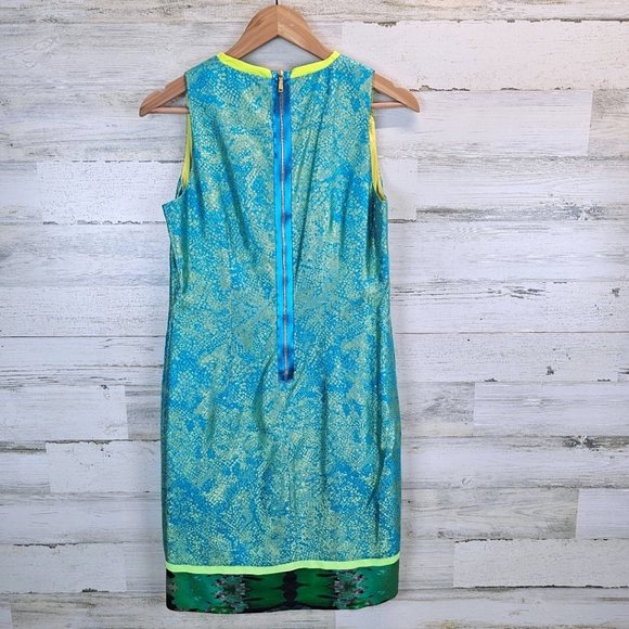 Elie Tahari Silk Blend Iridescent Teal and Green Sleeveless Sheath Dress Sz 10 - Picture 11 of 16